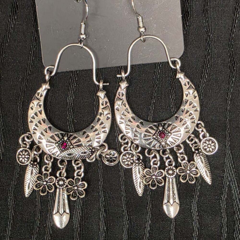 Paparazzi Silver Tone Crescent Moon Chandelier Earrings Red Stone Feather Flower